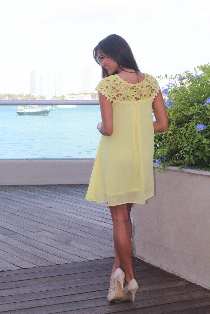 Yellow Pleated Dress with Crochet Neck