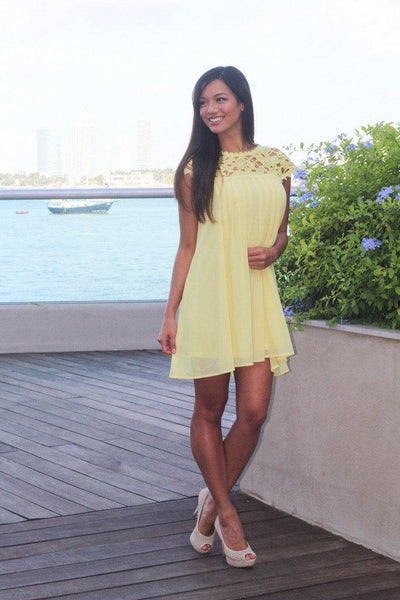 Yellow Pleated Dress with Crochet Neck