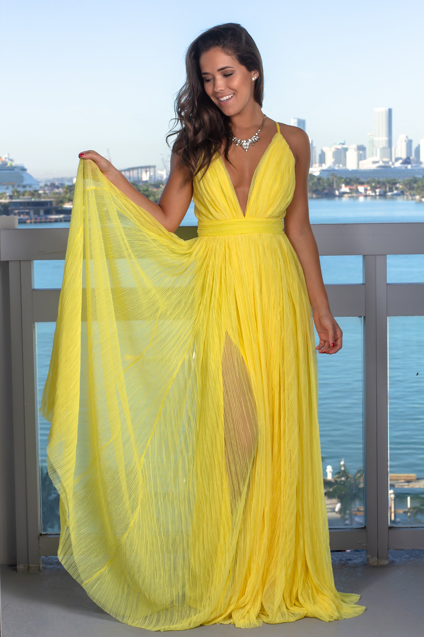 Yellow Pleated Maxi Dress with Criss Cross Back