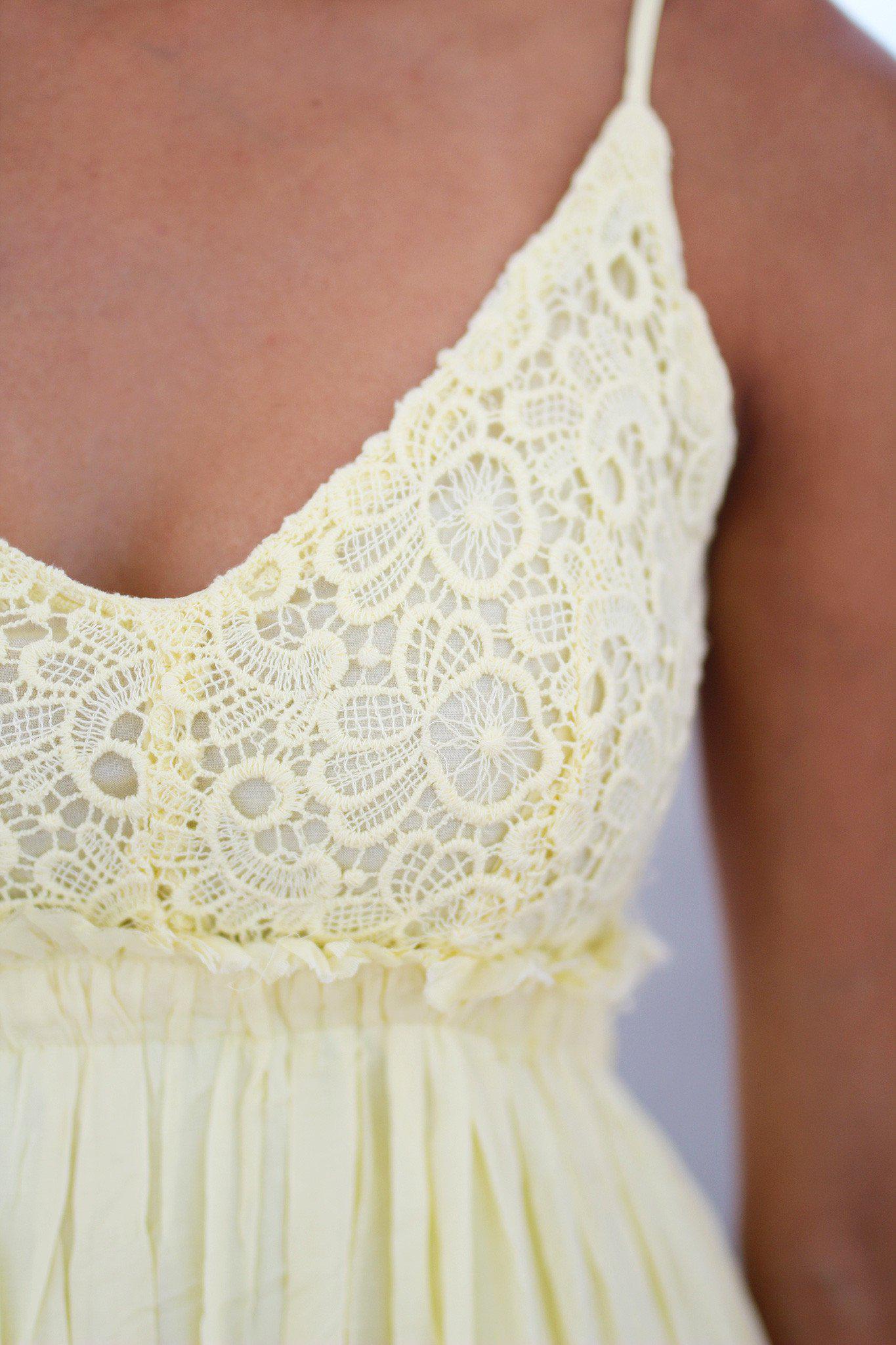 Yellow Lace Maxi Dress with Open Back and Frayed Hem | Maxi Dresses ...