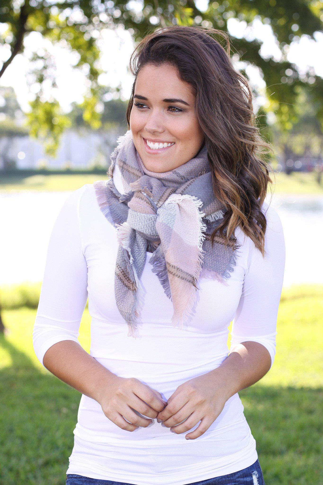 blush and gray frayed scarf