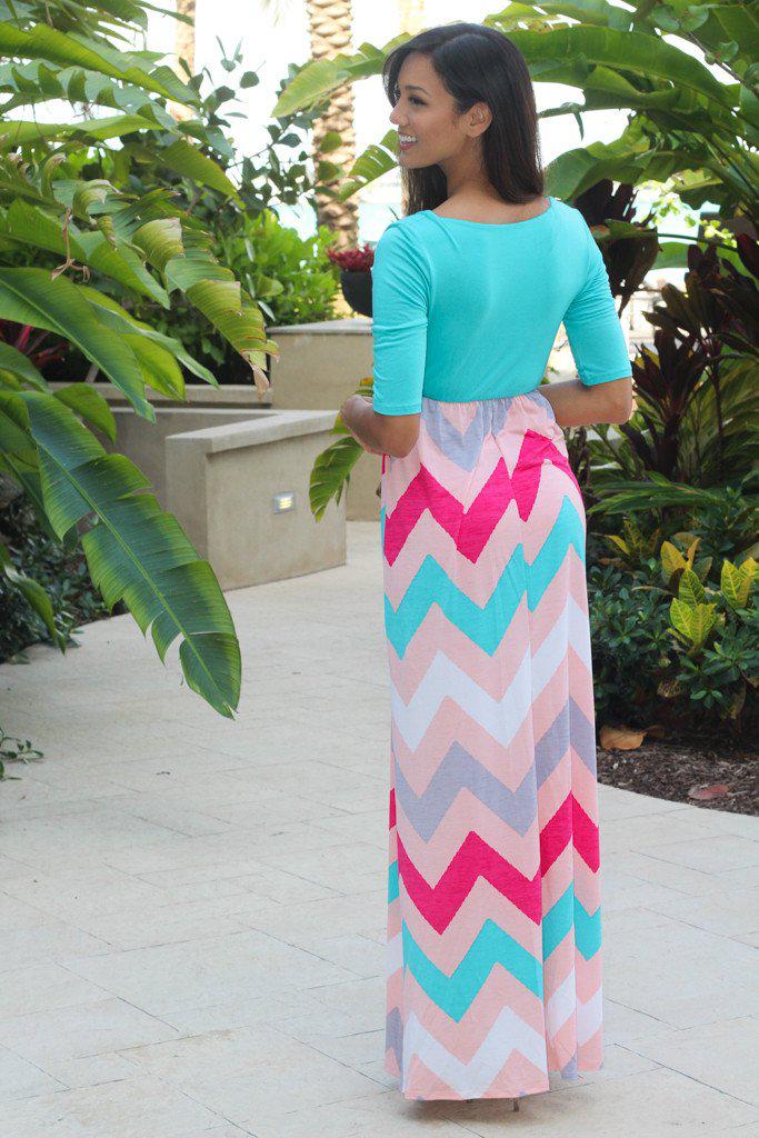 Turquoise and Pink Chevron Maxi Dress
