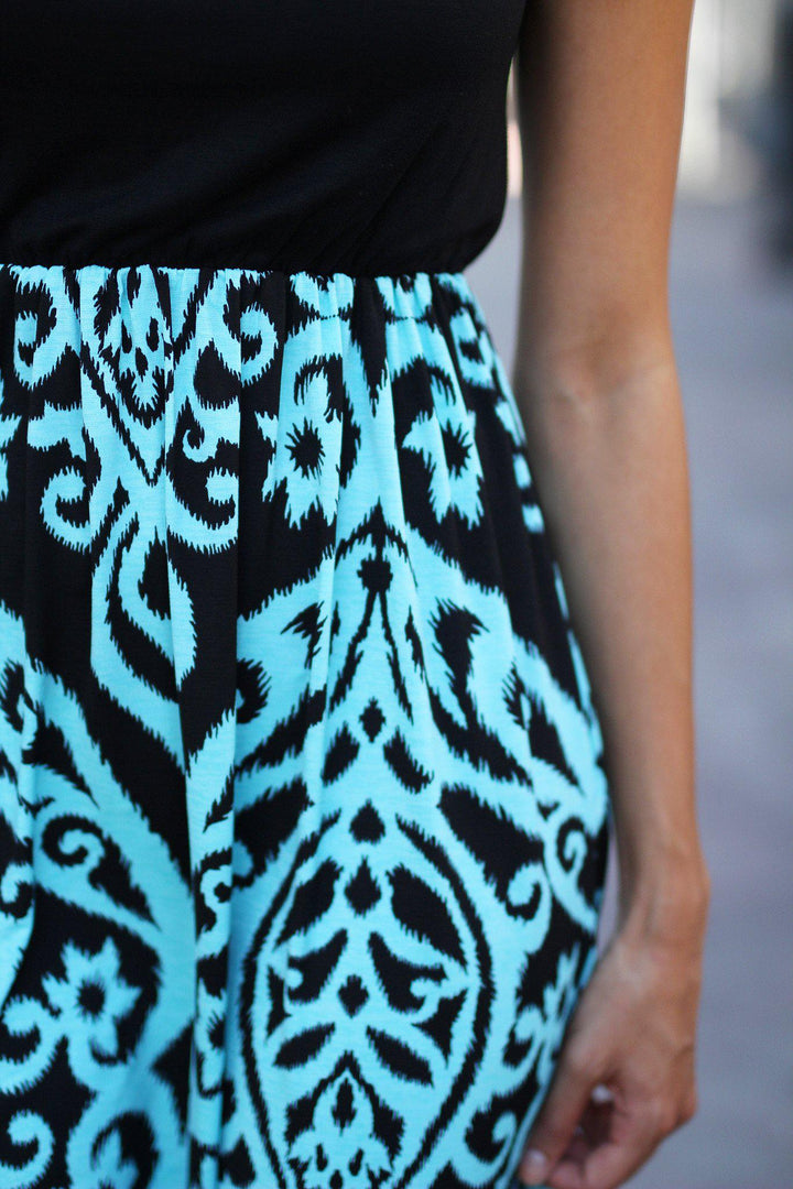 Black and Aqua Printed Short Dress