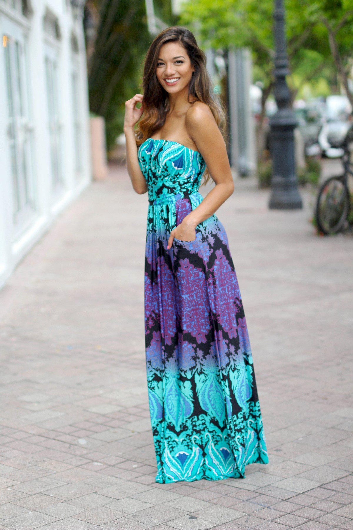 Aqua and Purple Strapless Maxi Dress | Maxi Dresses – Saved by the Dress