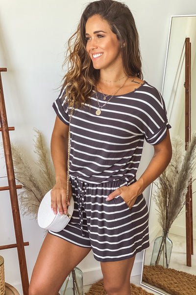 ash gray striped romper with pockets