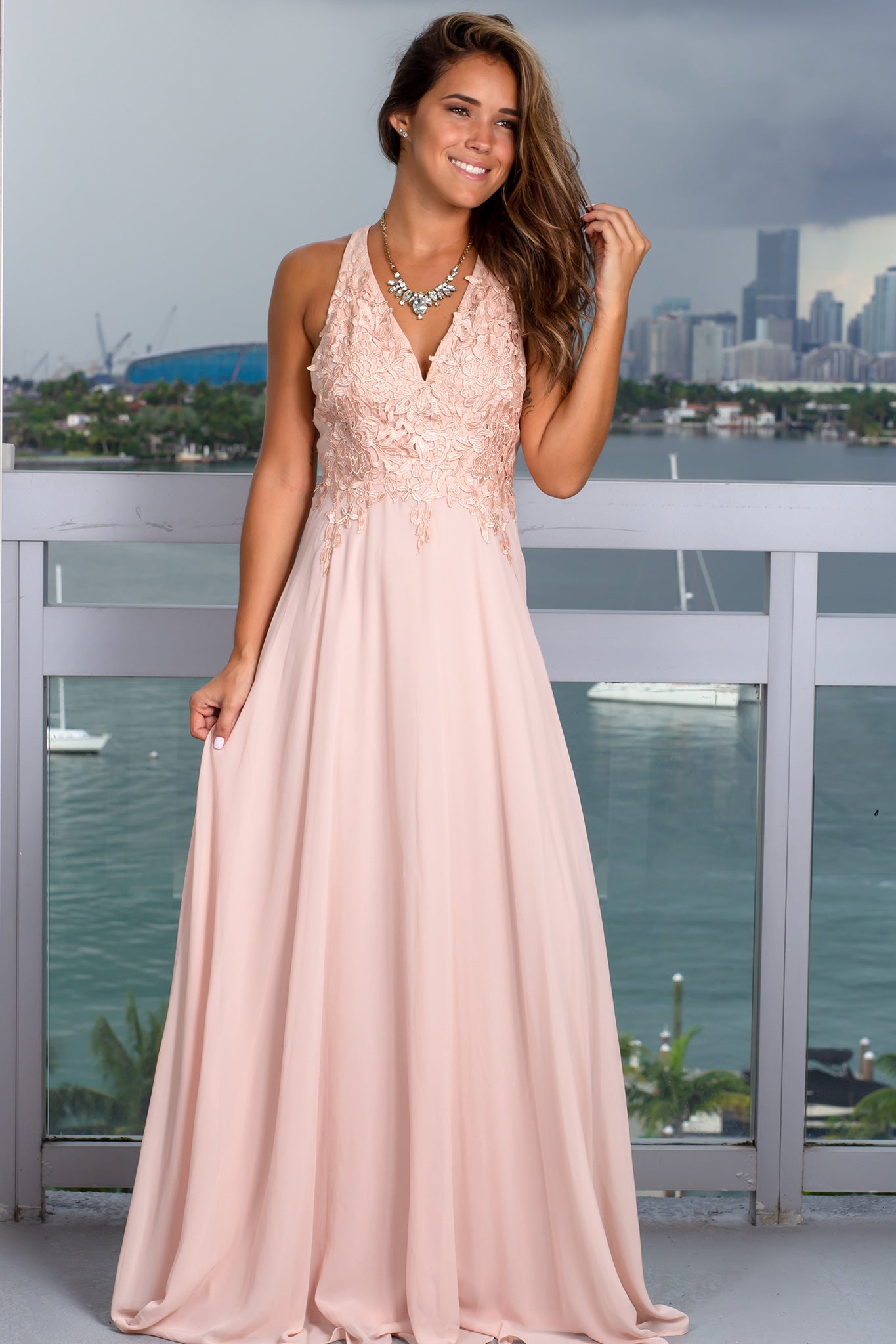 Blush Maxi Dress with Embroidered Top and Criss Cross Back