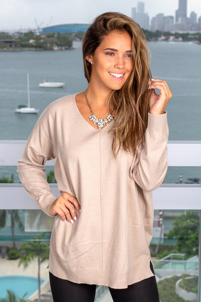 Taupe V-Neck Sweater