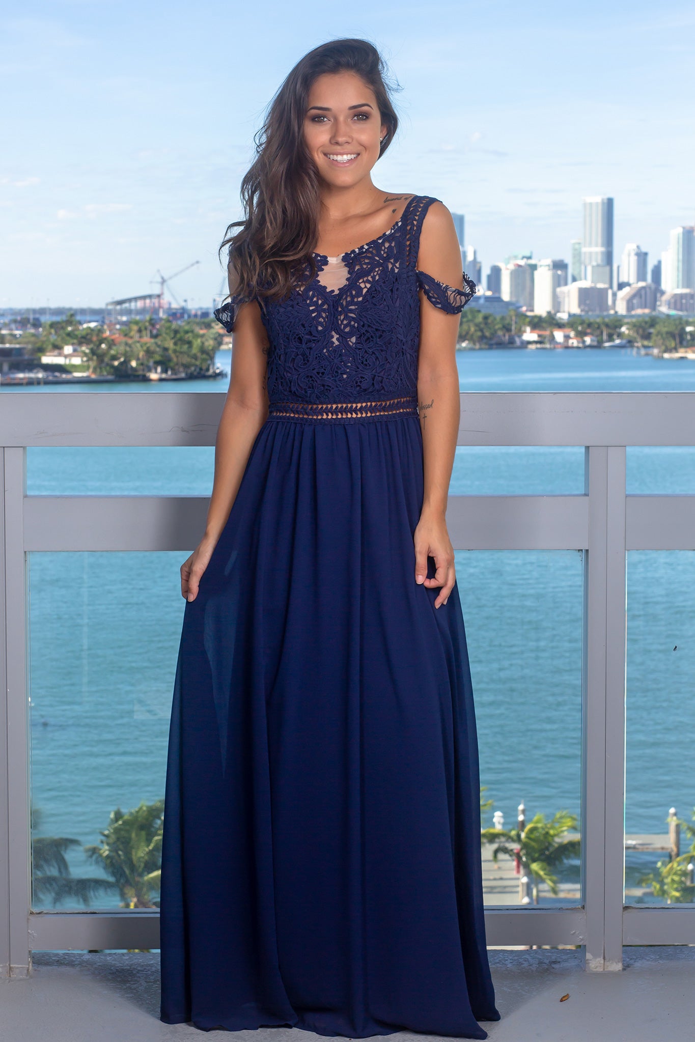 Navy Cold Shoulder Maxi Dress with Crochet Top