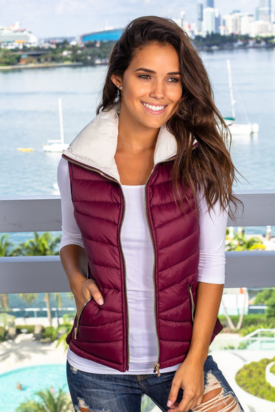 Wine and Ivory Reversible Puffer Vest