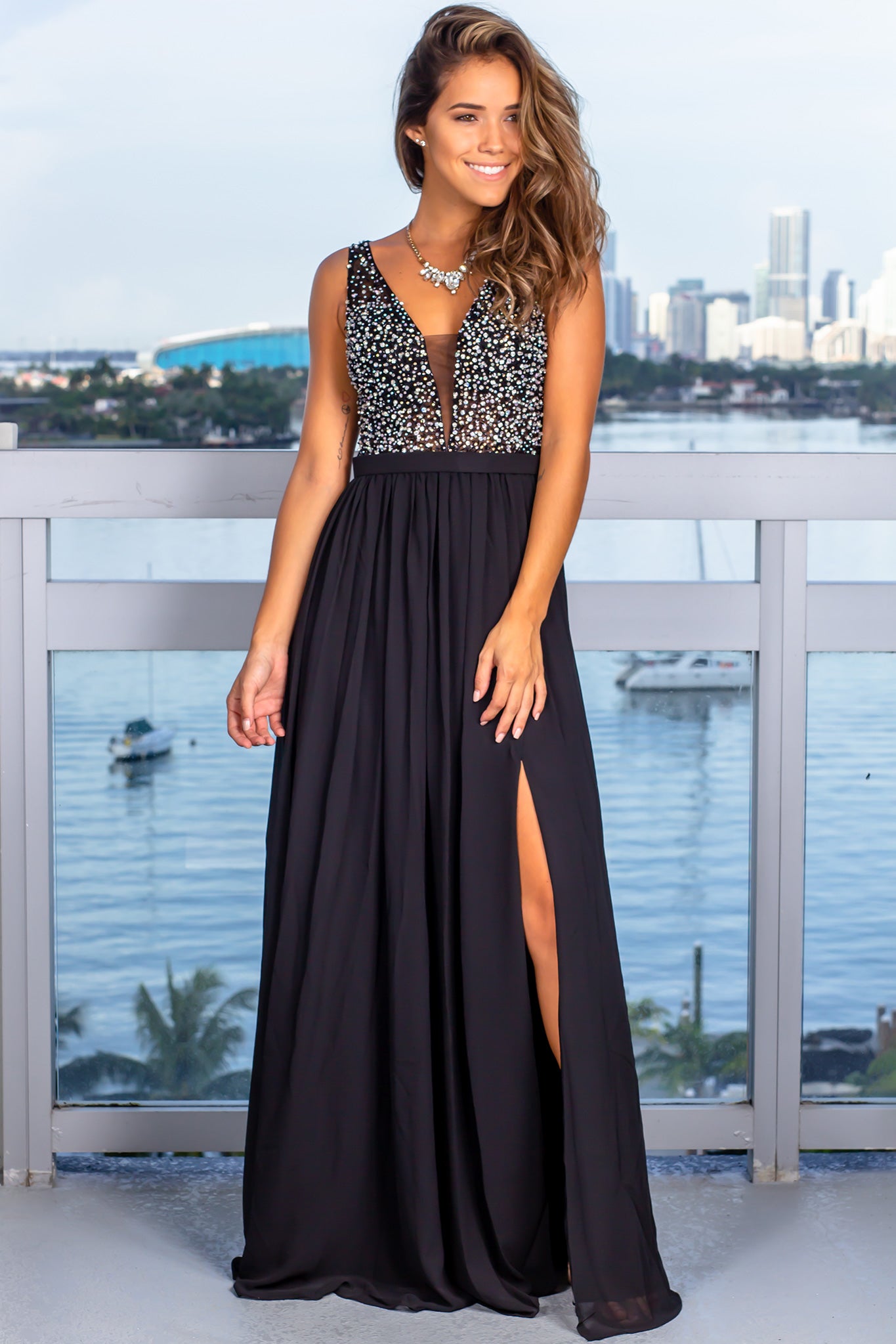 Black Sequin Top Maxi Dress with Side Slit