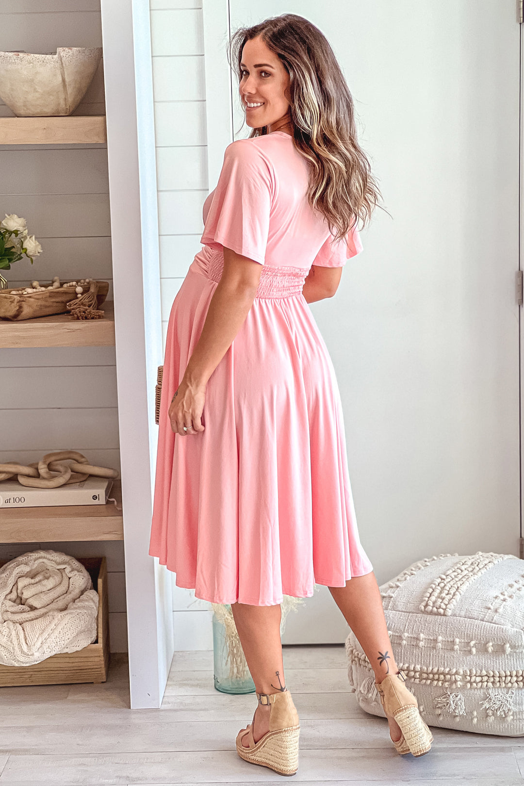 Baby Pink Maternity Midi Dress With Short Sleeves | Saved By The Dress Saved by the Dress Baby Pink Maternity Midi Dress With Short Sleeves | Saved By The Dress Saved by the Dress