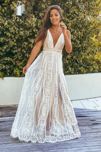 beige and white lace maxi dress