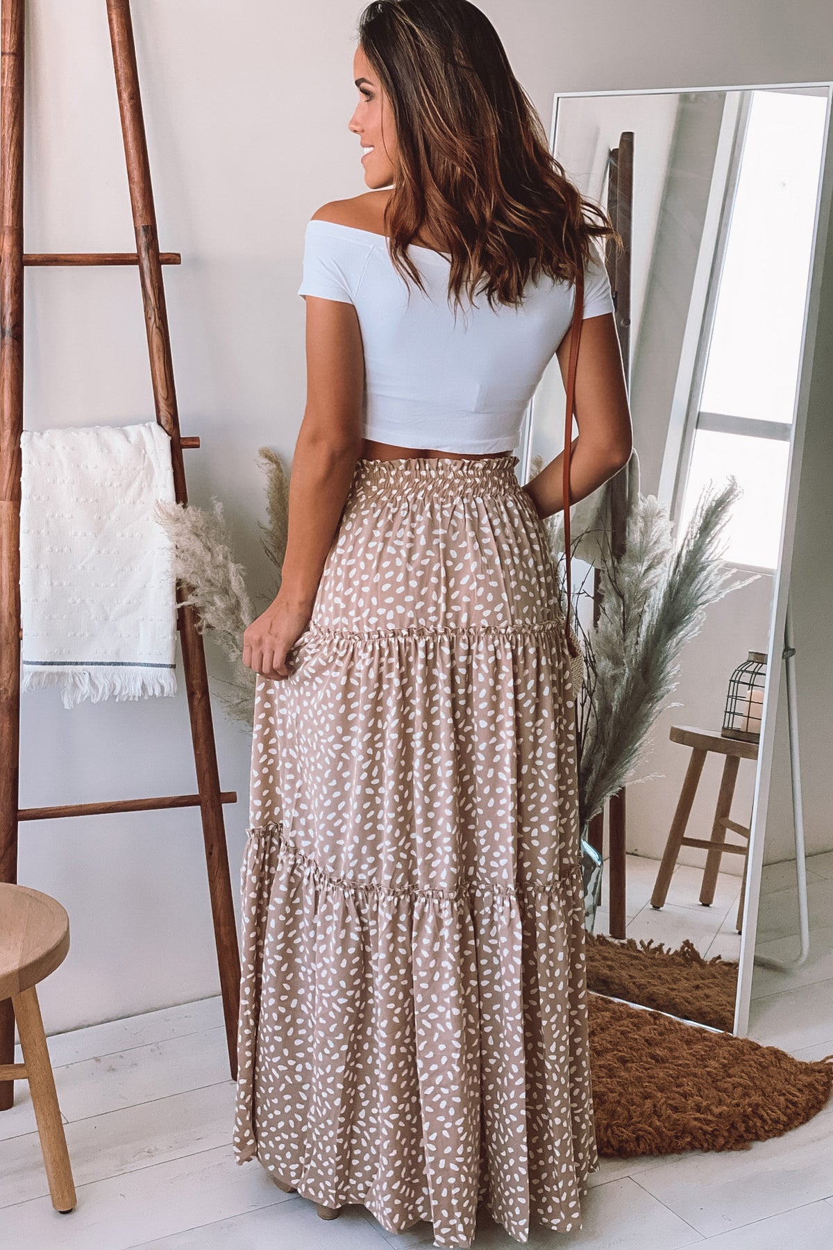 Beige And White Printed Tiered Long Skirt | Online Boutiques – Saved by ...
