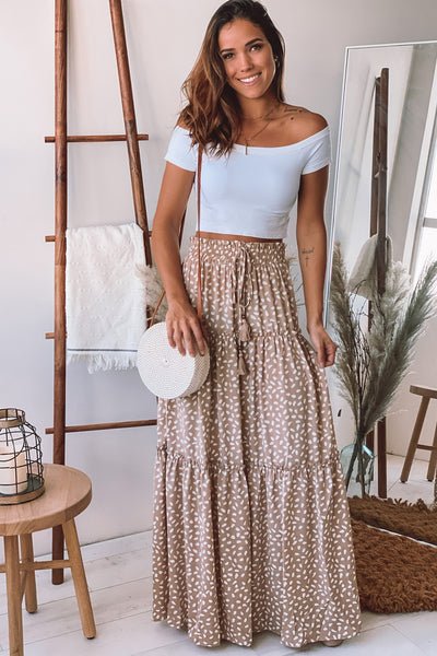 beige and white printed tiered long skirt