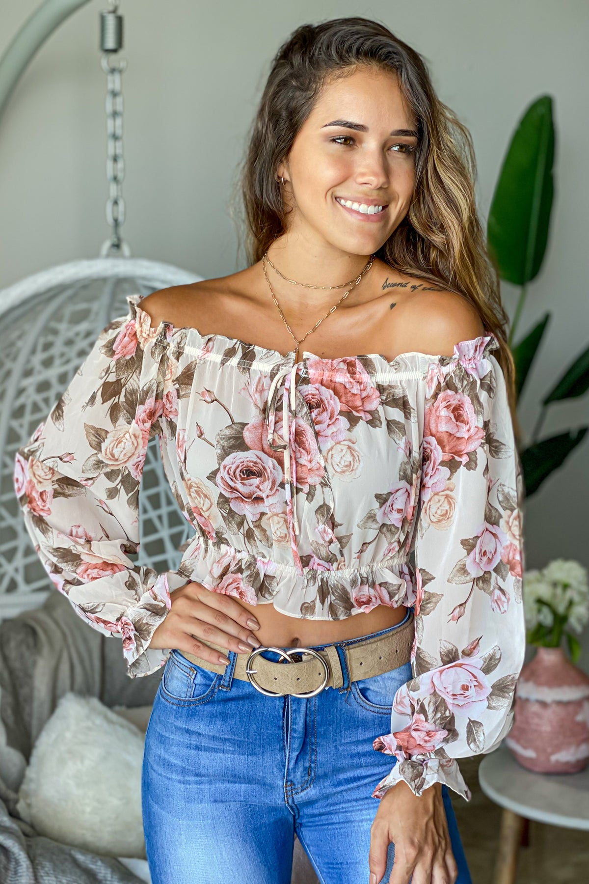 Beige Floral Off Shoulder Ruffle Top – Saved by the Dress