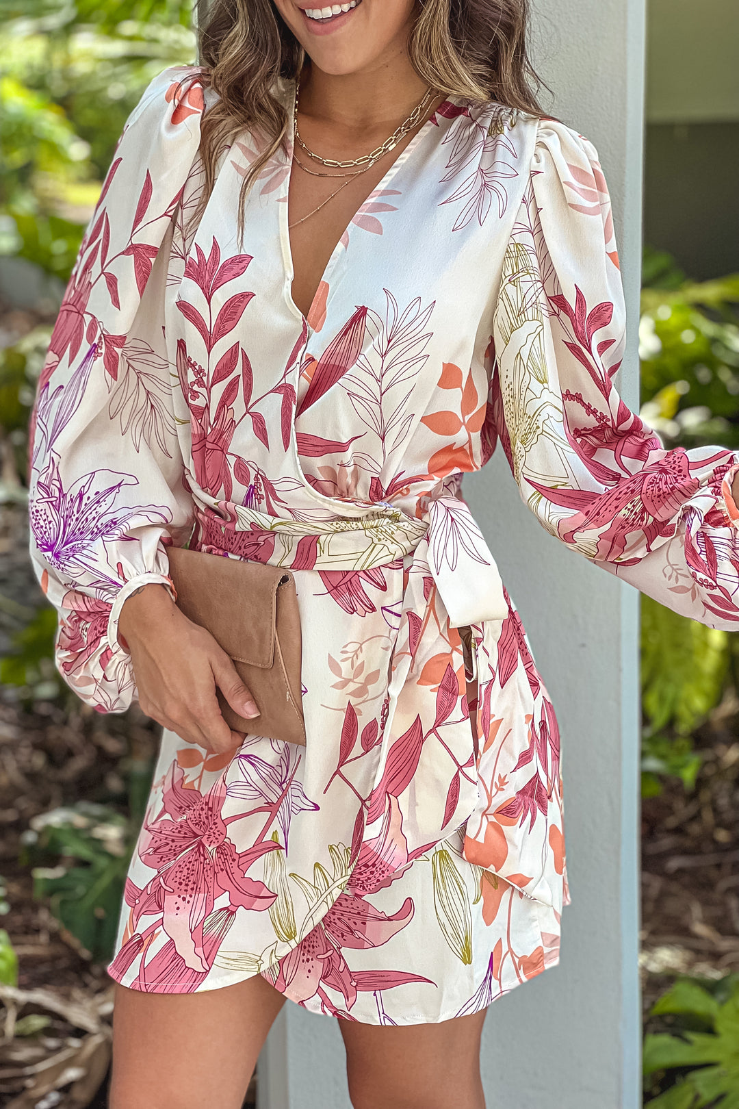 Beige Floral Satin Wrap Short Dress | Short Dresses  Saved by the Dress