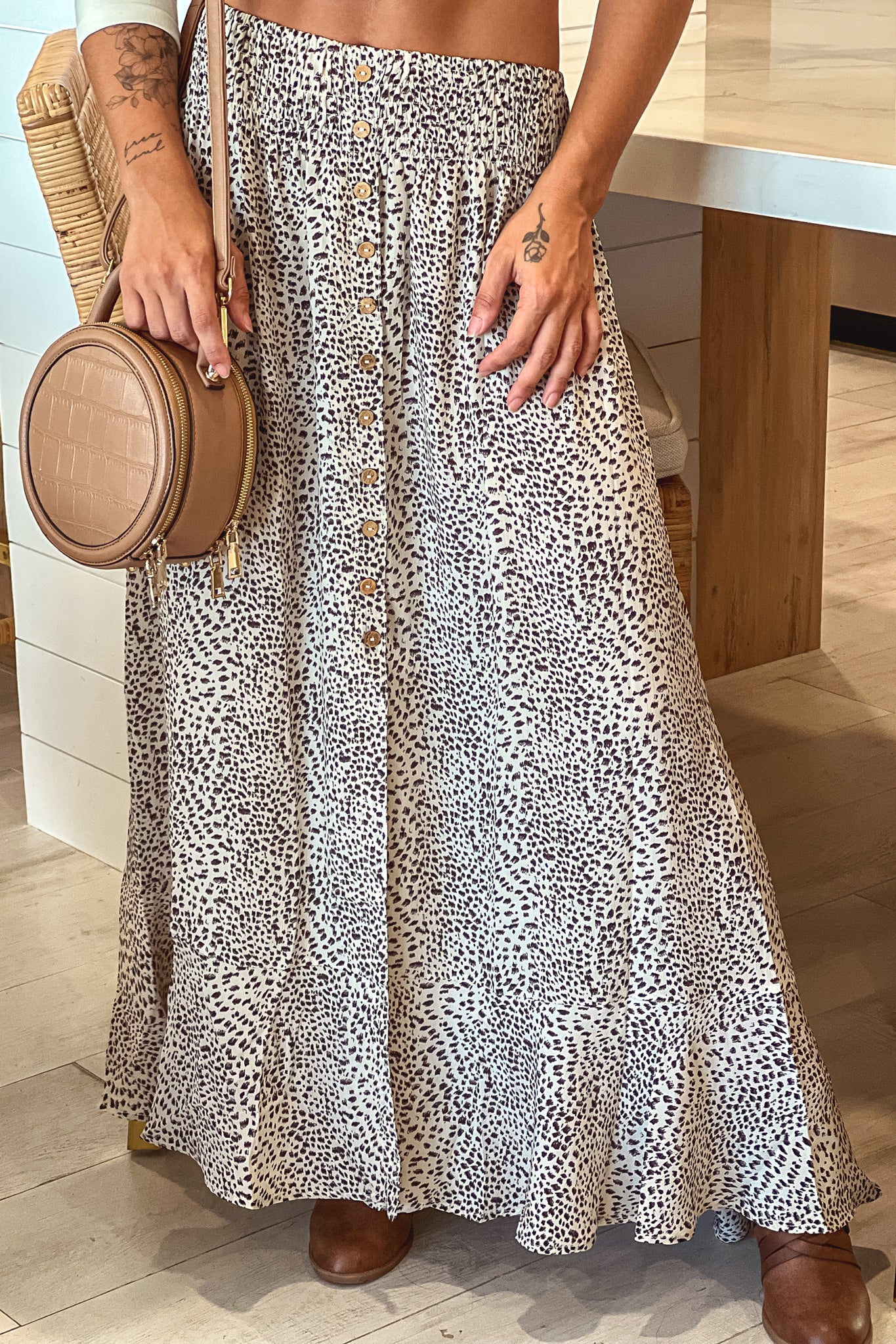 beige printed maxi skirt with slit