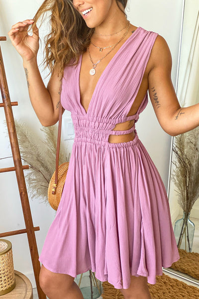 berry v-neck short dress with side cutouts