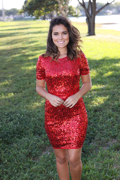 sequined red short dress