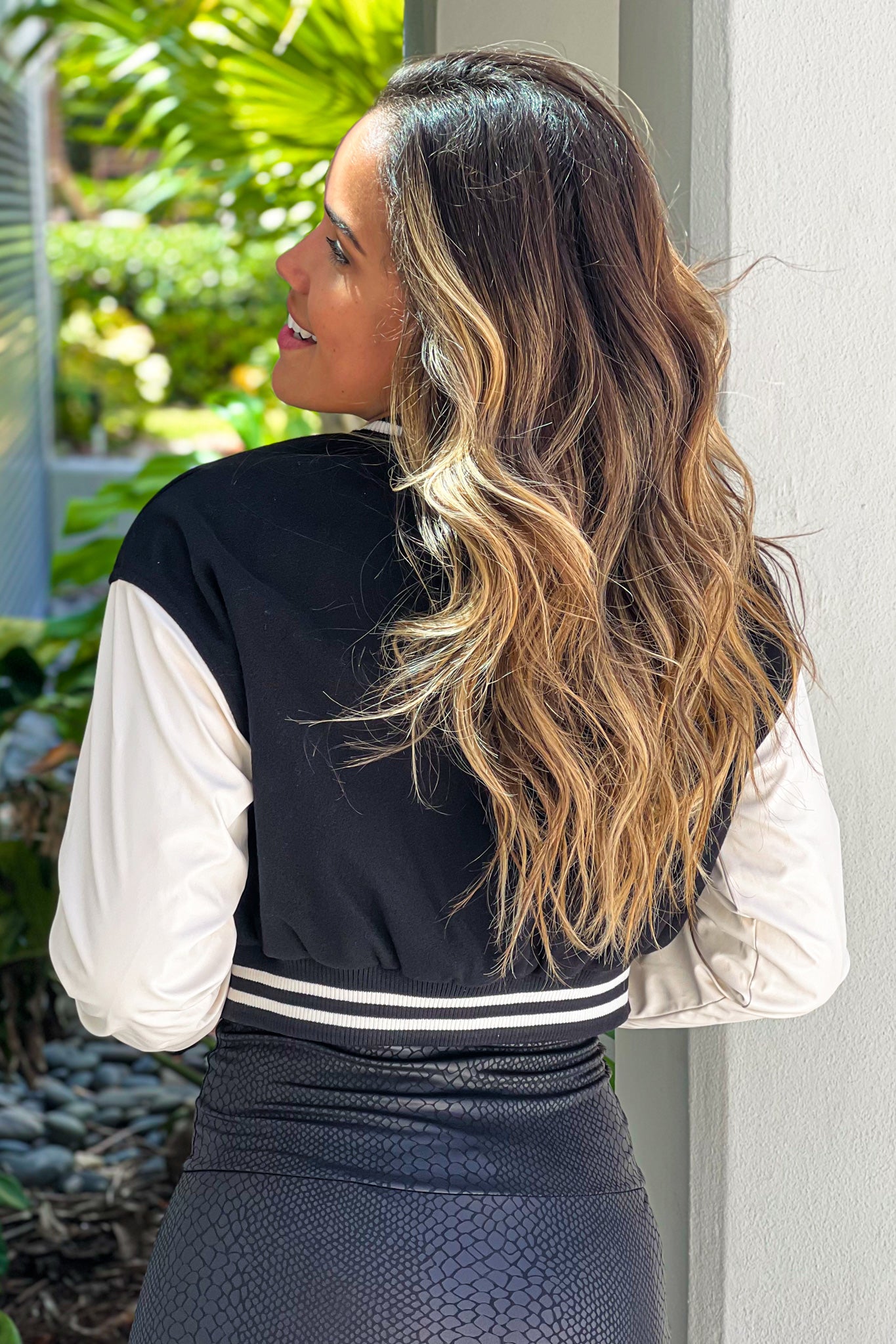 Black Patched Jacket With Cream Faux Leather Sleeves