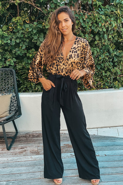 black and leopard woven jumpsuit with pockets