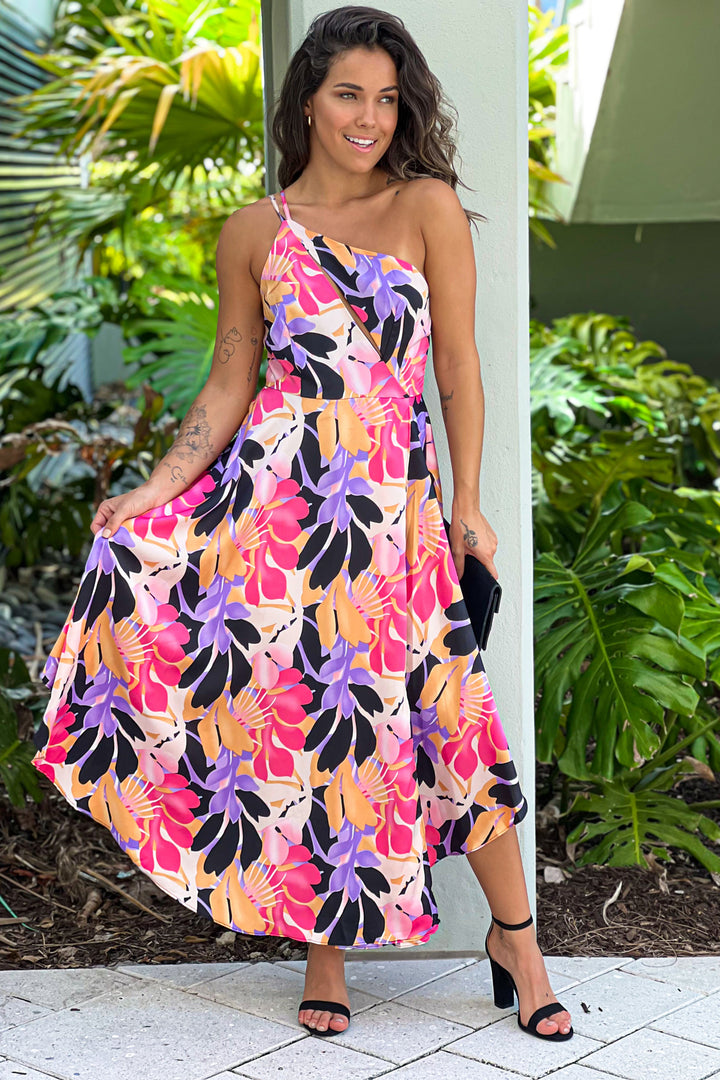 Black And Purple Satin One Shoulder Midi Dress | Bridesmaid Dresses Saved by the Dress Black And Purple Satin One Shoulder Midi Dress | Bridesmaid Dresses Saved by the Dress