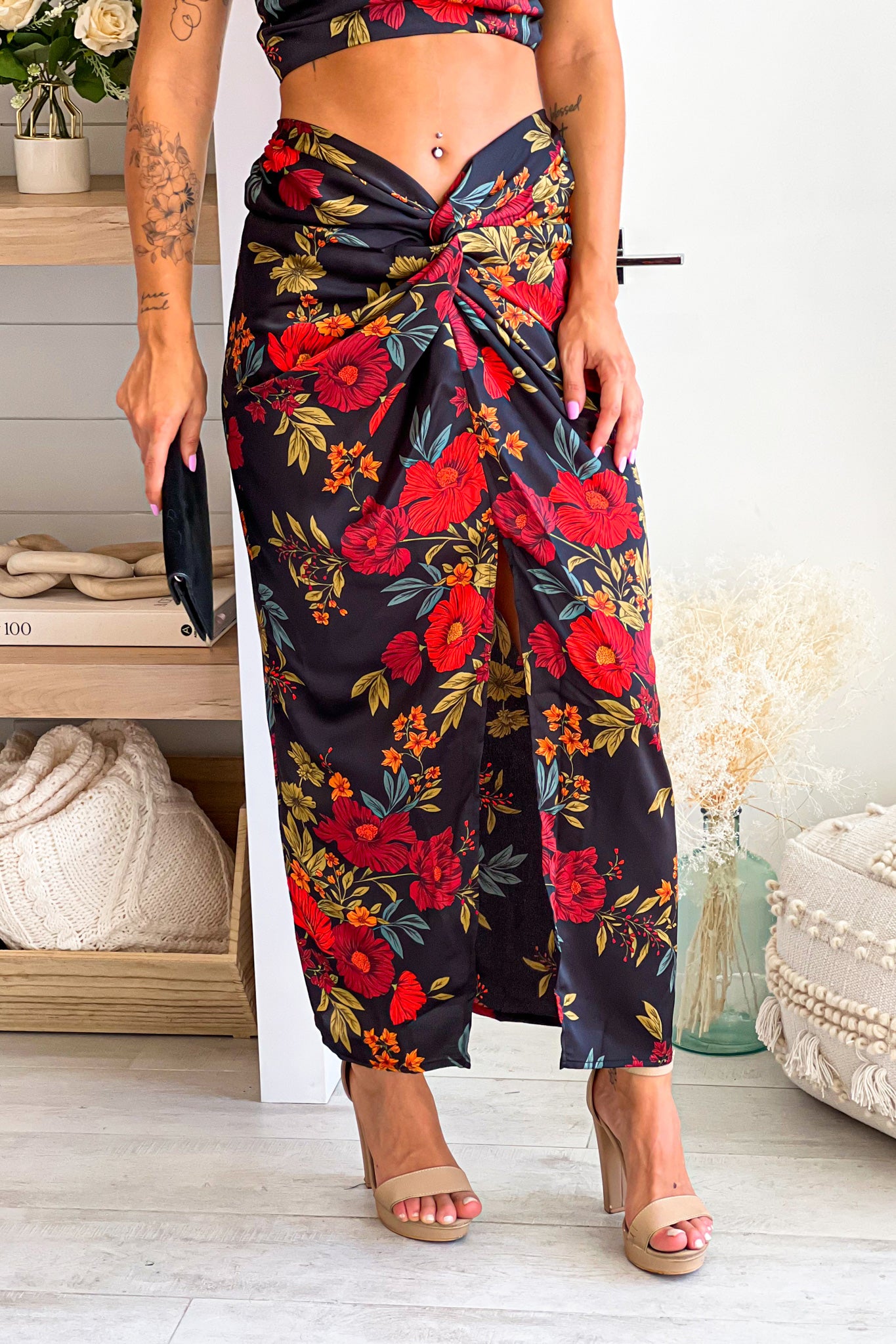 black and red floral satin skirt