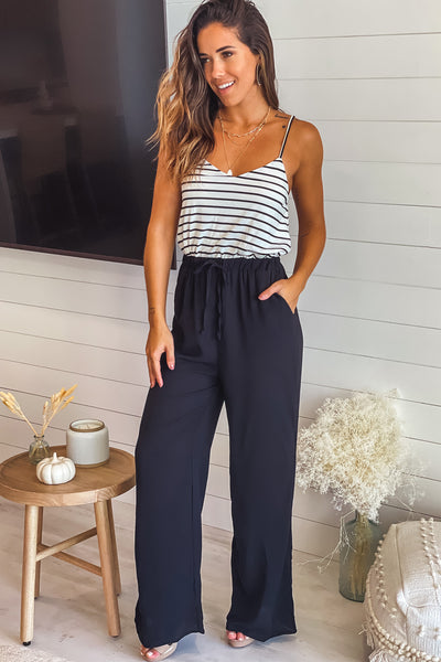 black and white jumpsuit with pockets