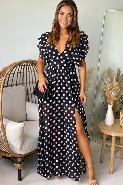 black and white polka dot maxi dress with slit