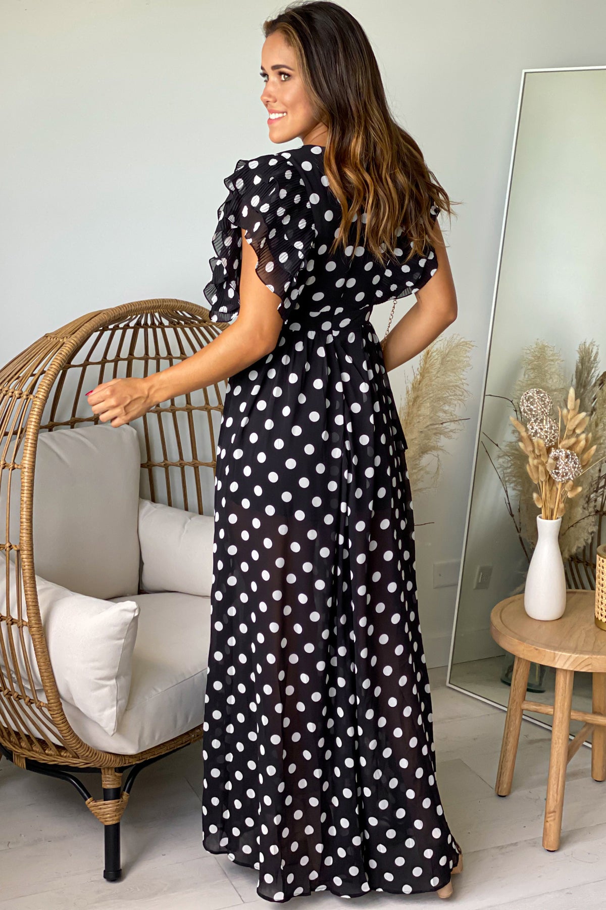 Beige Tulle Polka Dot Maxi Dress