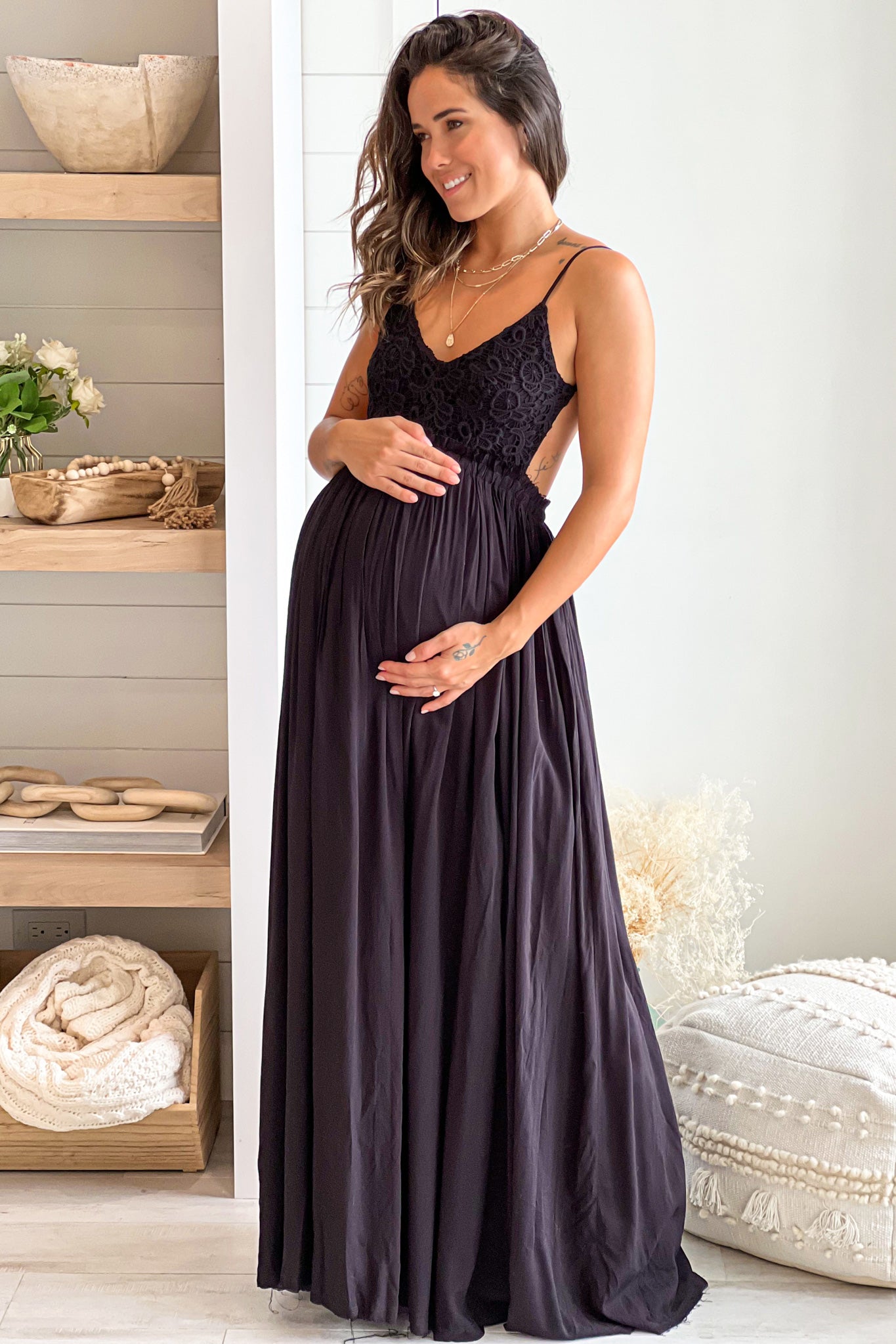 black crochet top maternity maxi dress