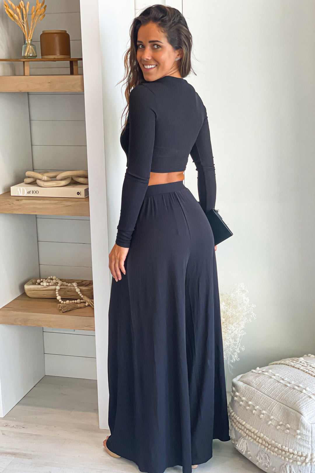 long sleeve dress with pants Black Top Long Sleeve And Pants Set
