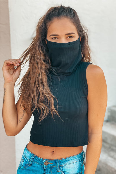 black crop top with face cover