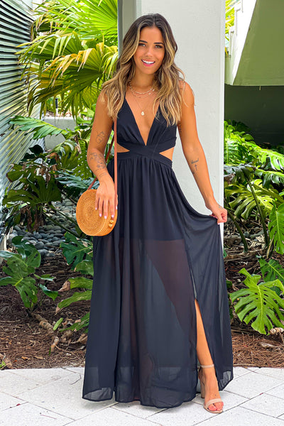 black cut out maxi dress with criss cross back