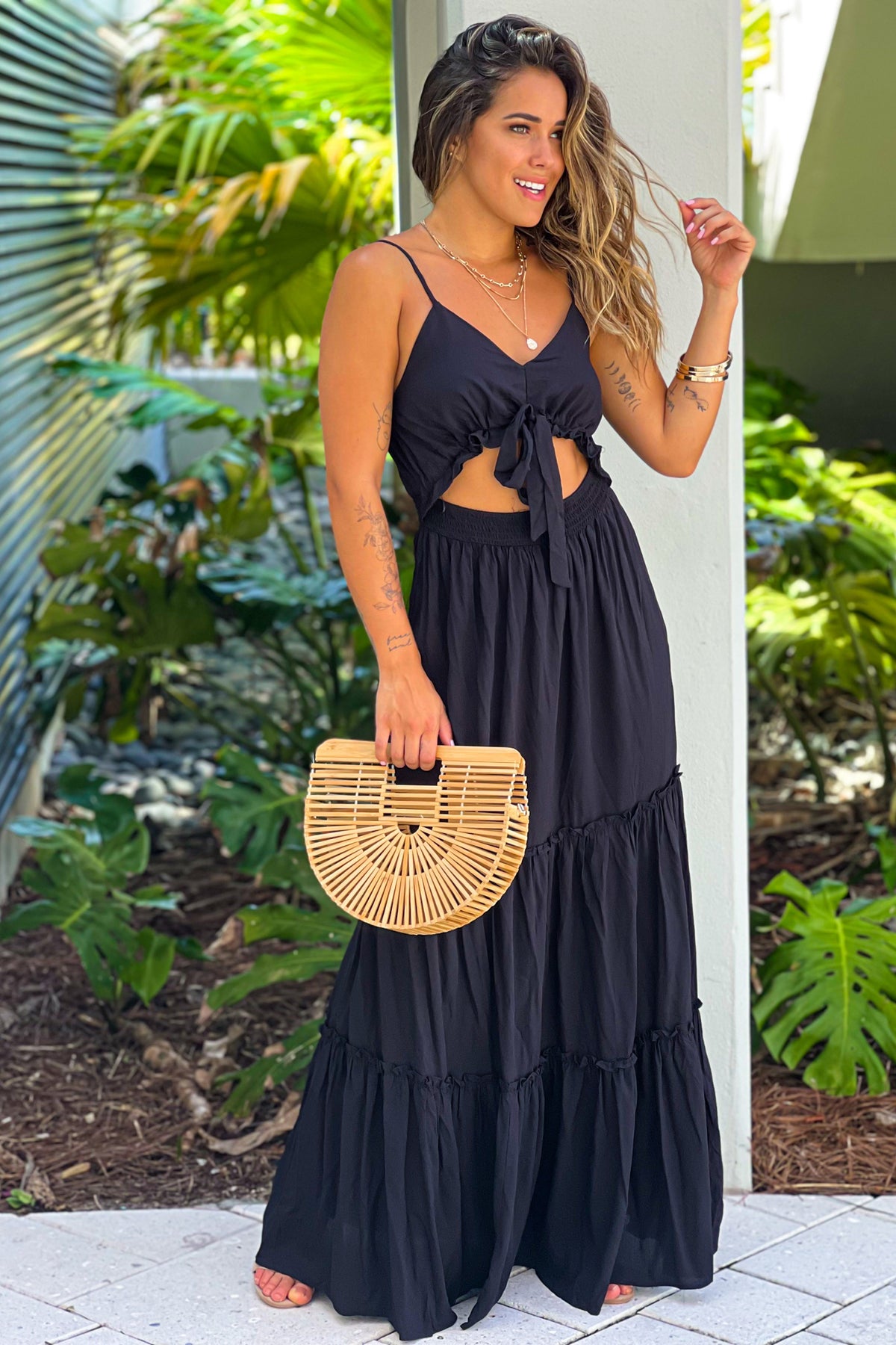Black Ruffled Maxi Dress With Cut Out Front