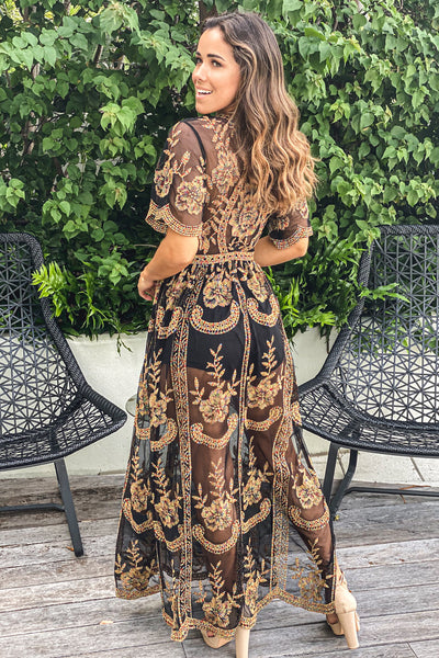 black embroidered lace maxi dress