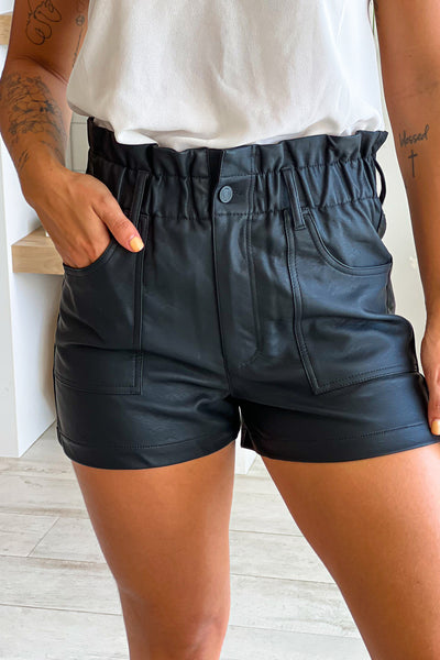 black faux leather high rise paperbag shorts