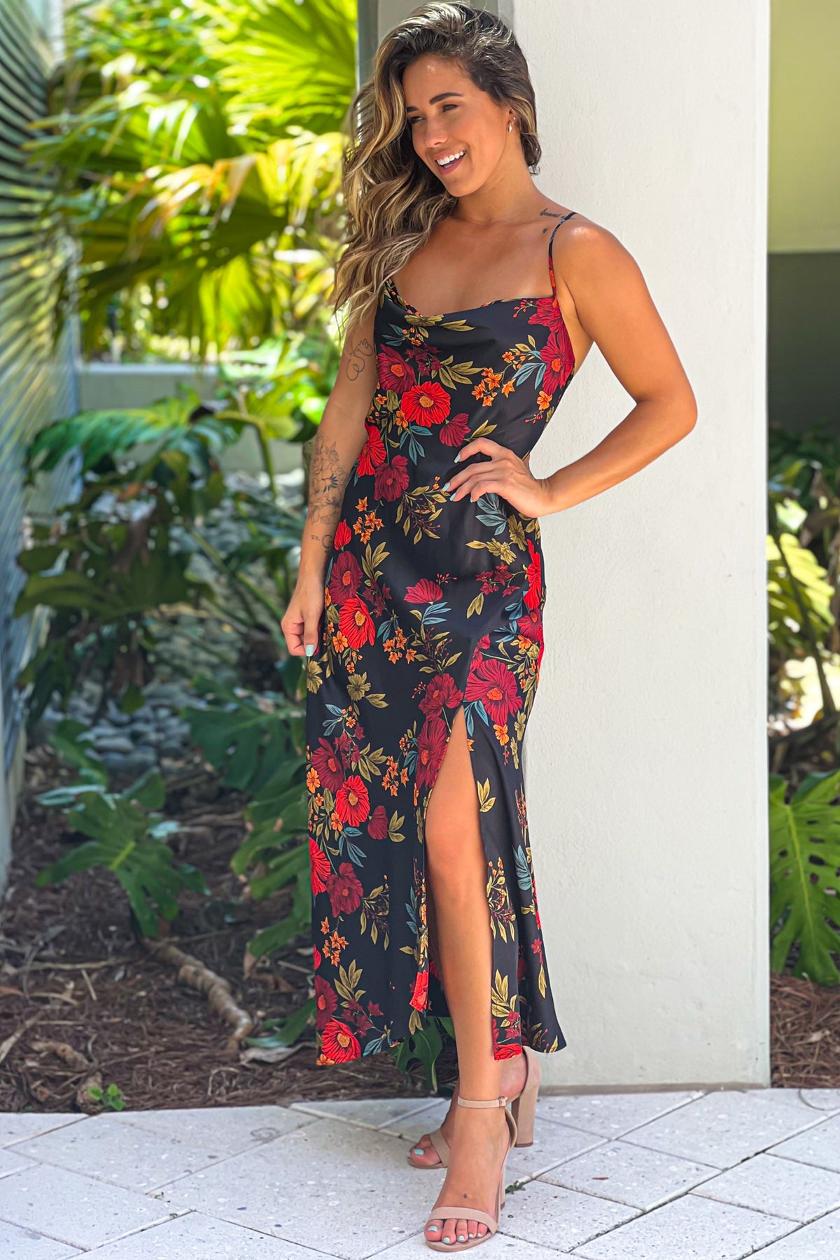 Black Floral Satin Dress With Slit | Maxi Dresses Saved by the Dress Black Floral Satin Dress With Slit | Maxi Dresses Saved by the Dress