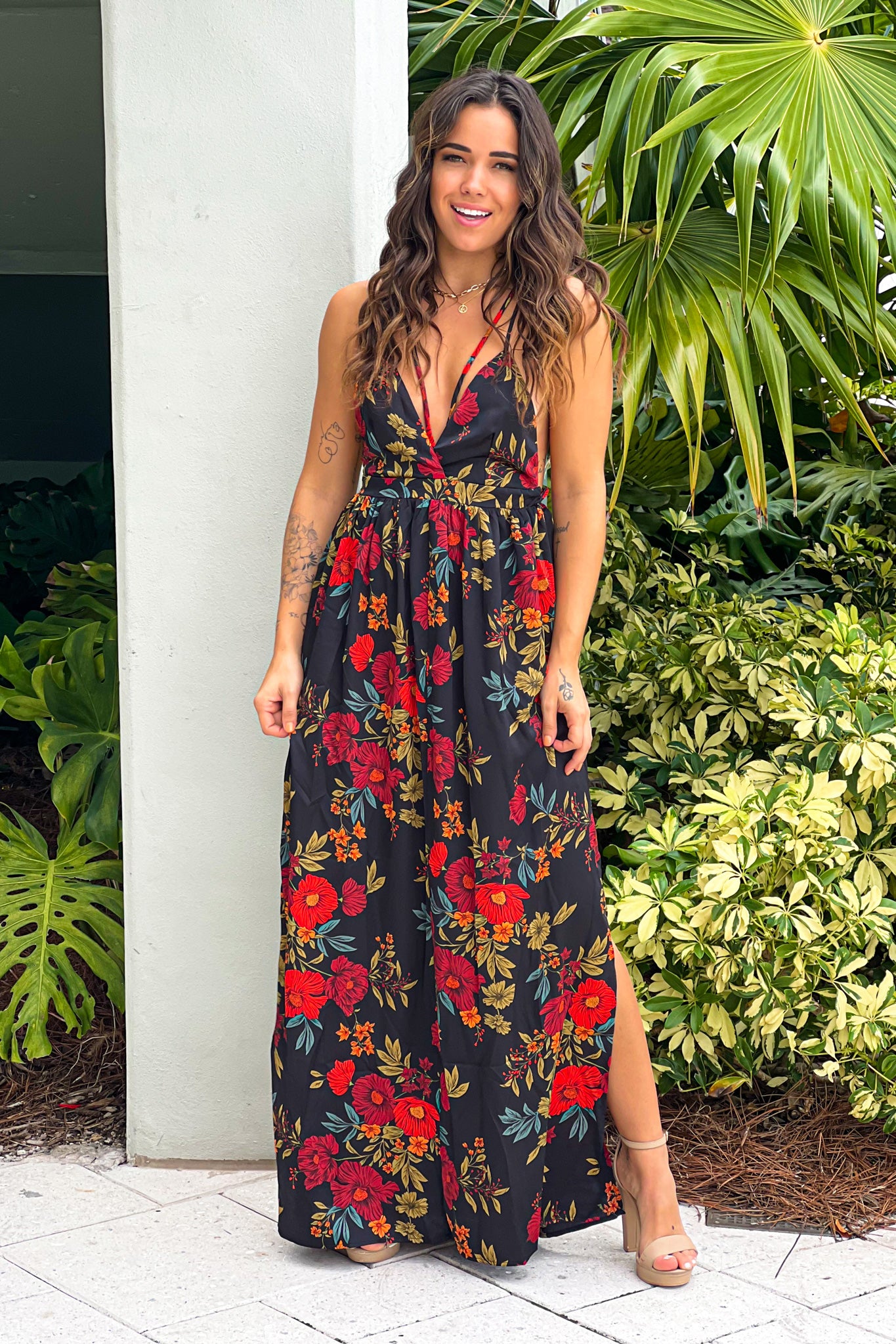 black floral maxi dress with criss cross back and slits