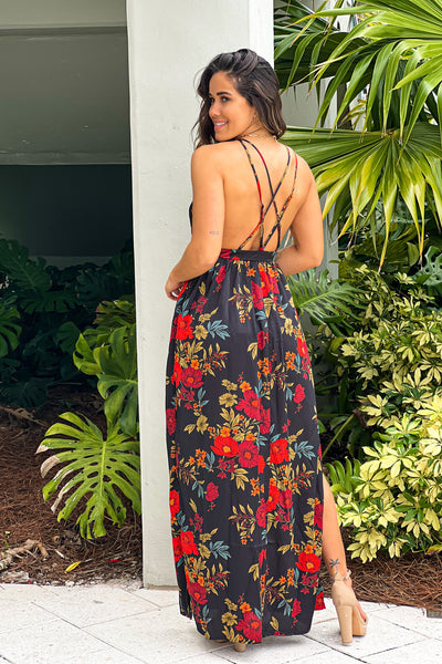 black floral maxi dress with criss cross back