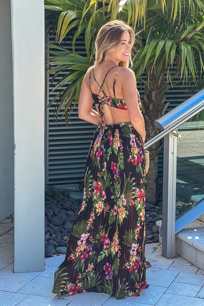 black floral maxi dress with open back