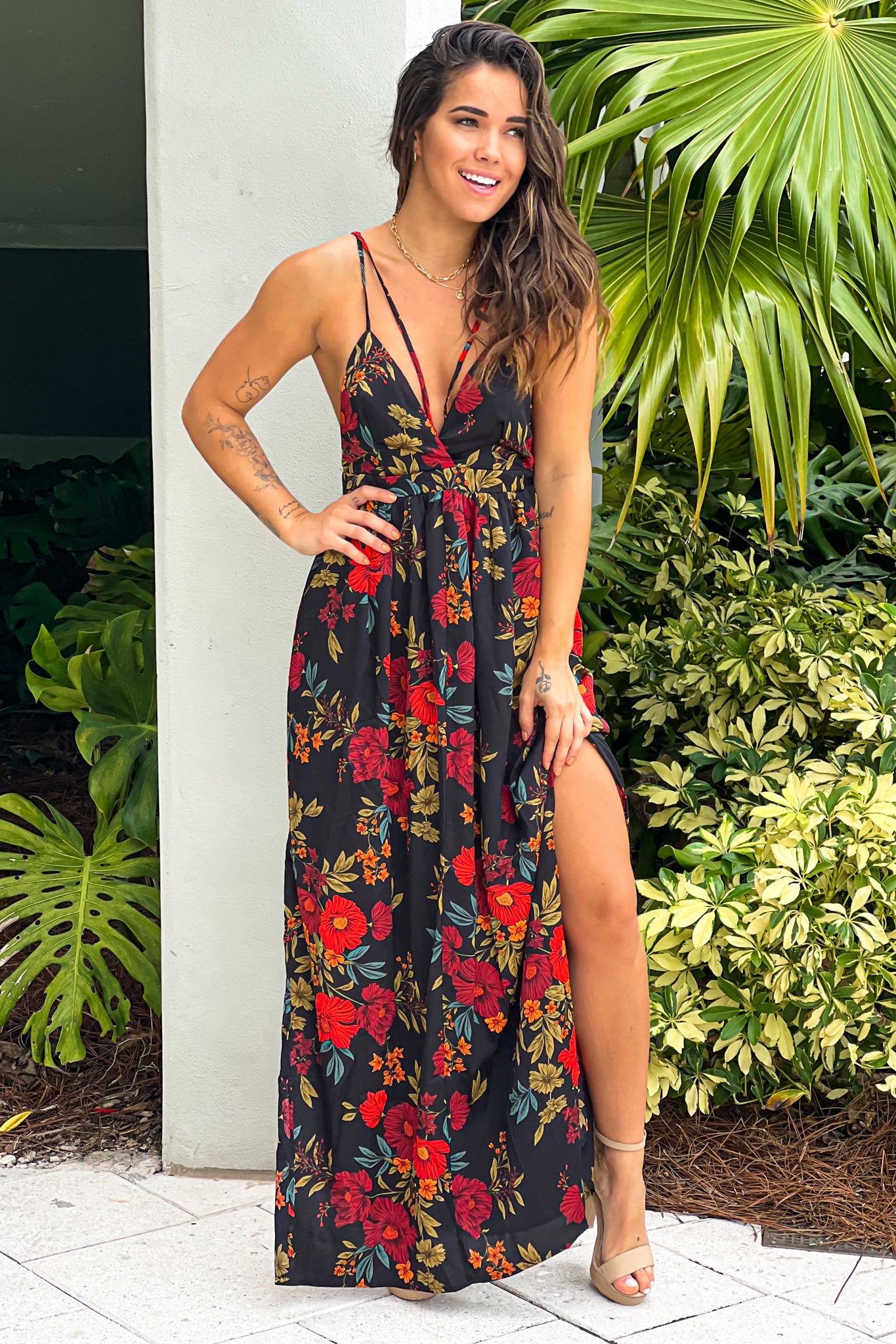 black floral maxi dress with slits