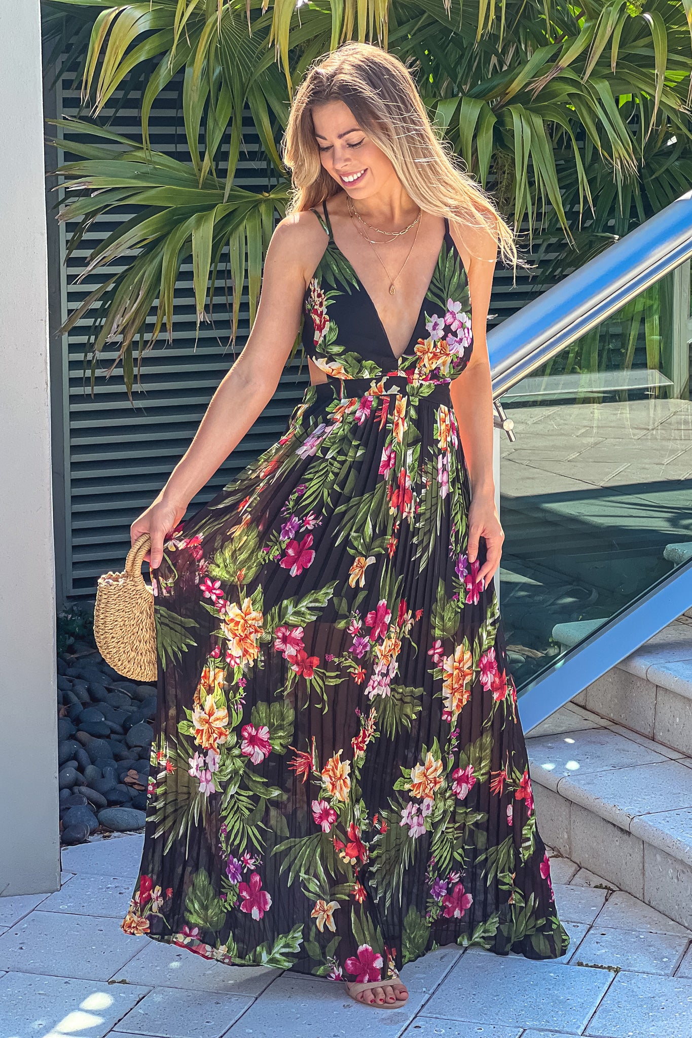 black floral pleated maxi dress with open back