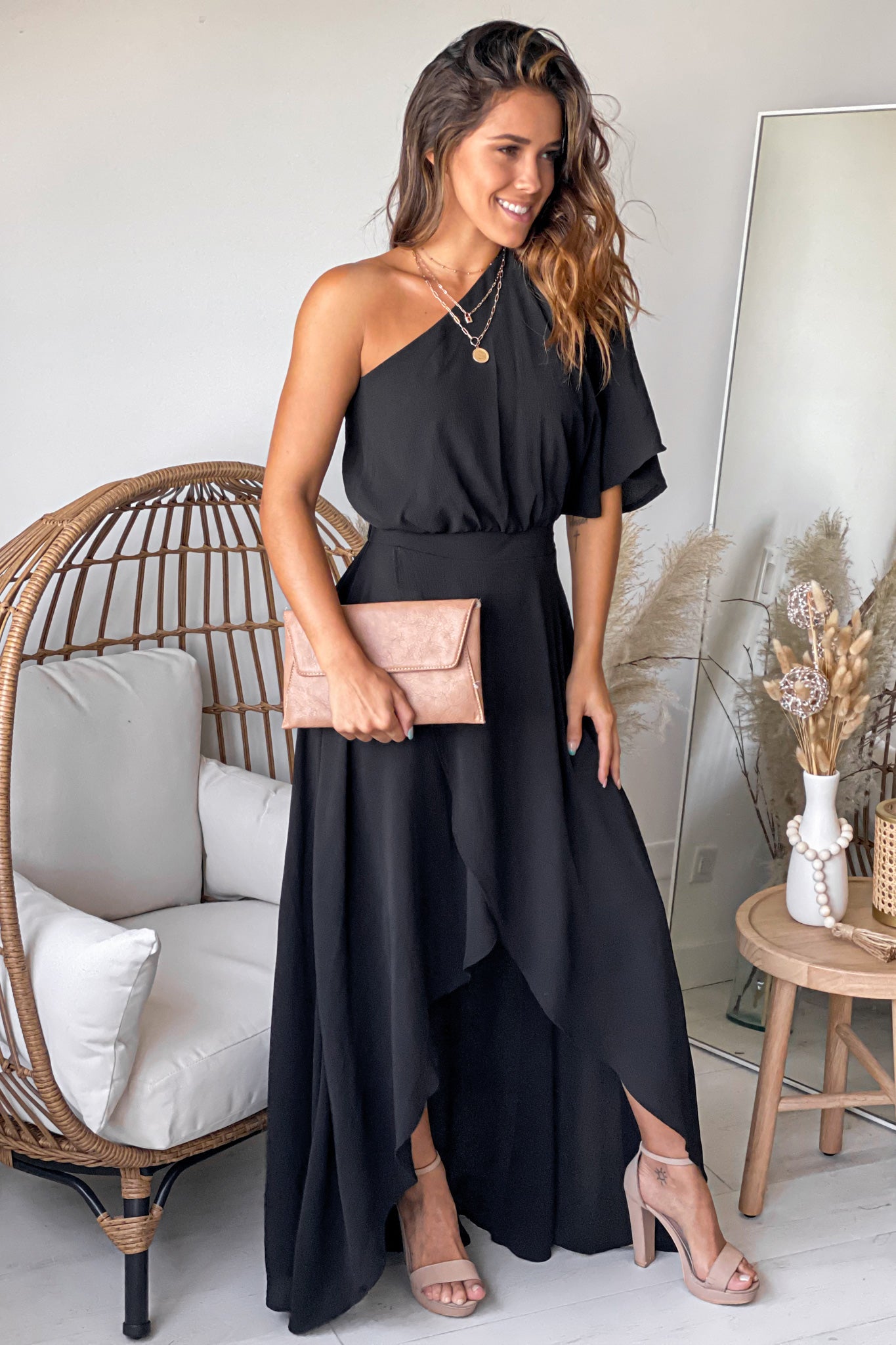 Black One Shoulder High Low Dress