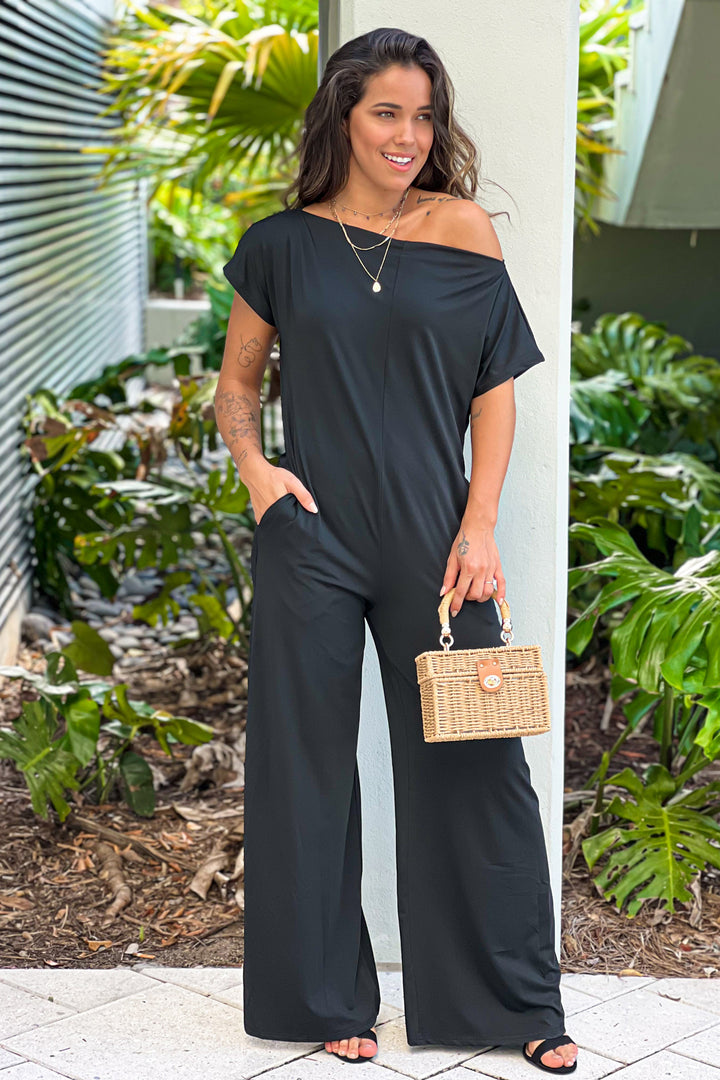 Black Off Shoulder Loose Fit Jumpsuit | Jumpsuits – Saved by the Dress