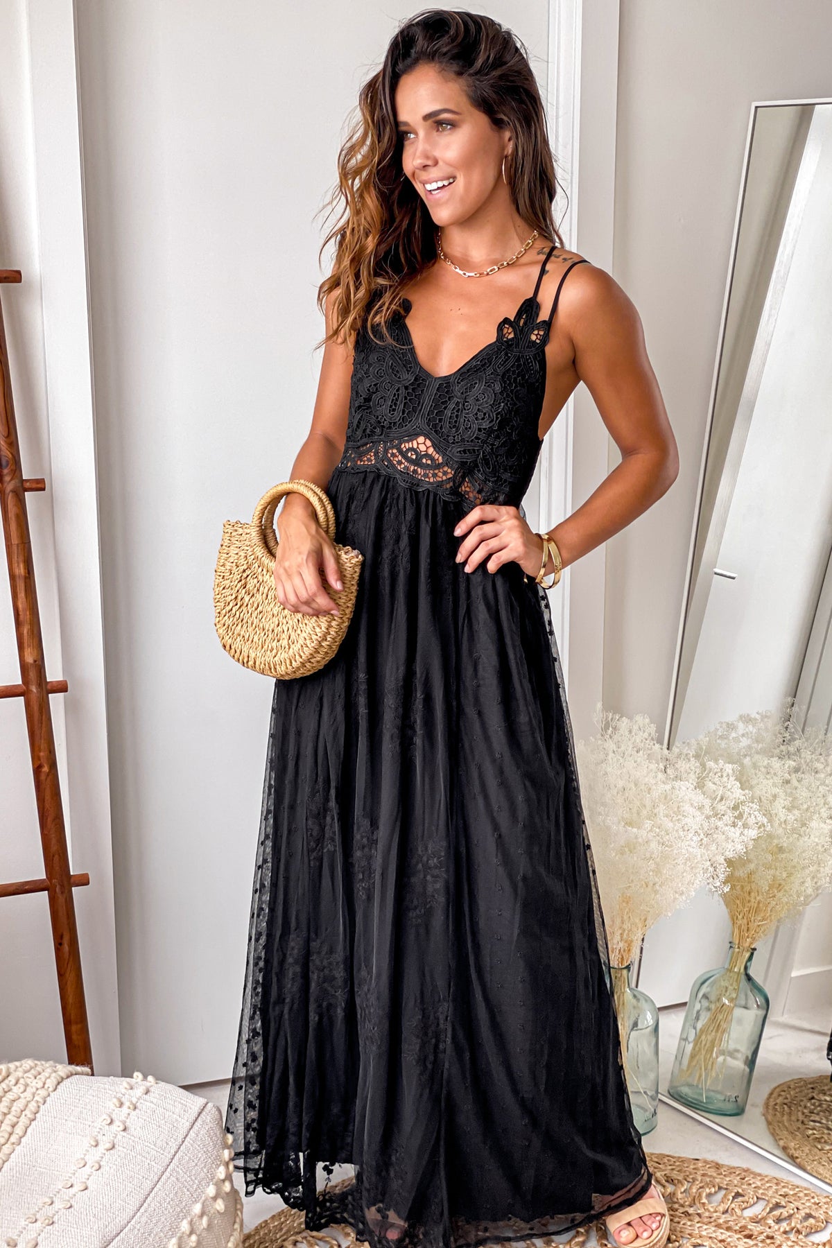 Black Lace Maxi Dress With Crochet Trim