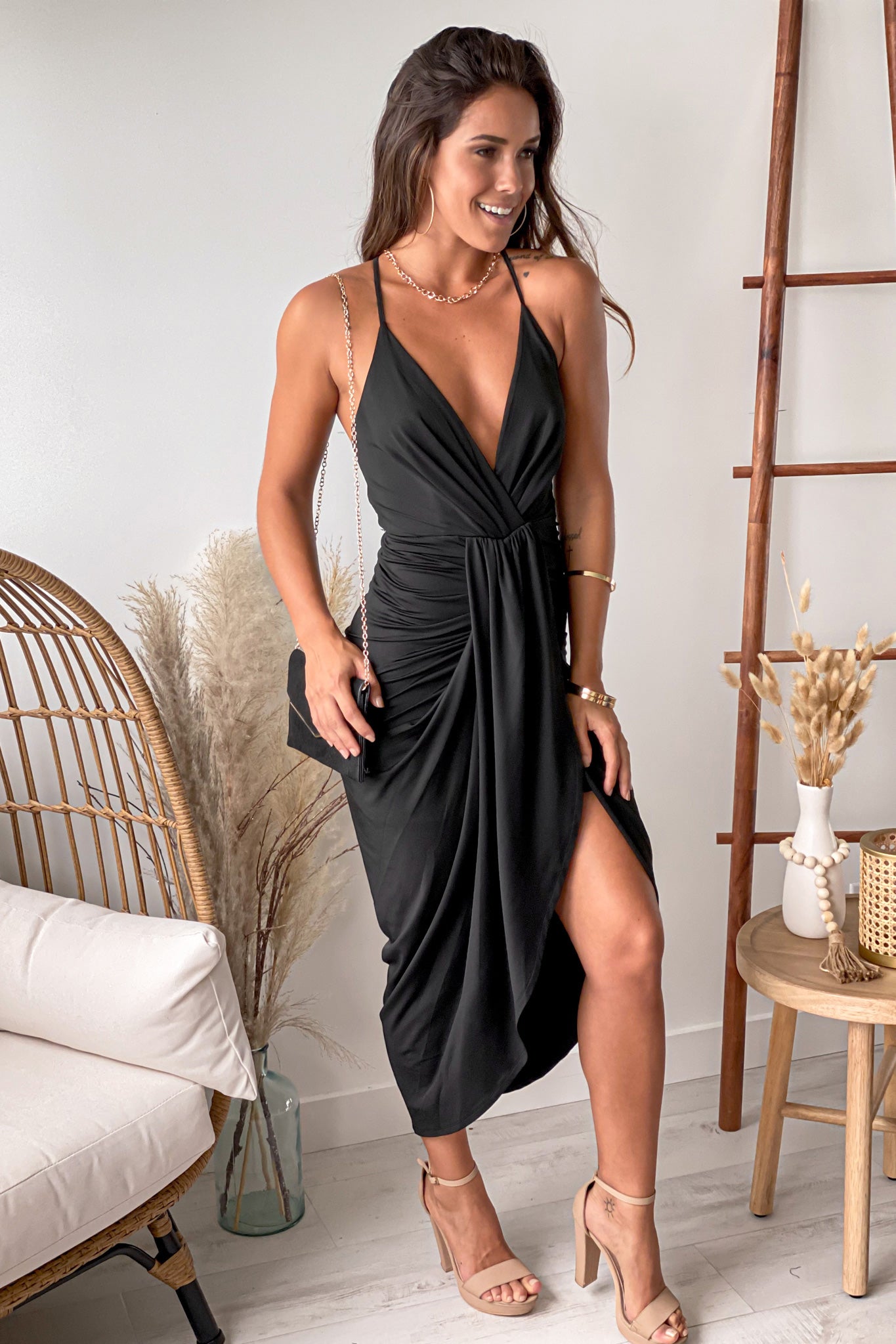 Black Midi Dress With Criss Cross Back | Midi Dresses Saved by the Dress Black Midi Dress With Criss Cross Back | Midi Dresses Saved by the Dress