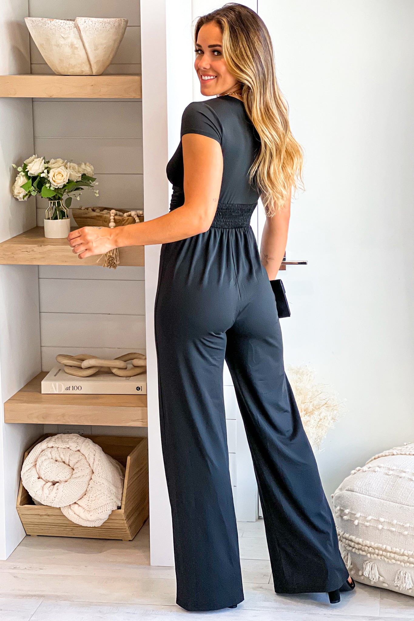 black jumpsuit with short sleeves