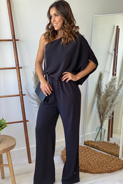 Black One Shoulder 3/4 Sleeve Jumpsuit | Jumpsuits – Saved by the Dress
