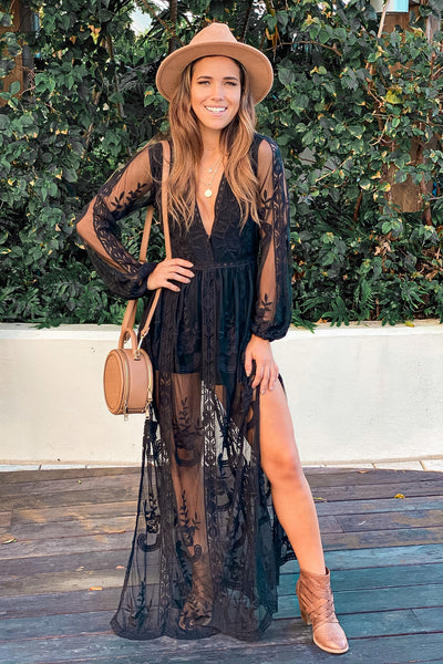 black lace maxi romper with long sleeves